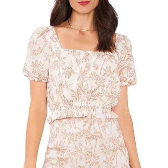 NWT 1.State Womens Printed Rayon Cropped Blouse White Etched Palm Size S and L - Picture 1 of 10